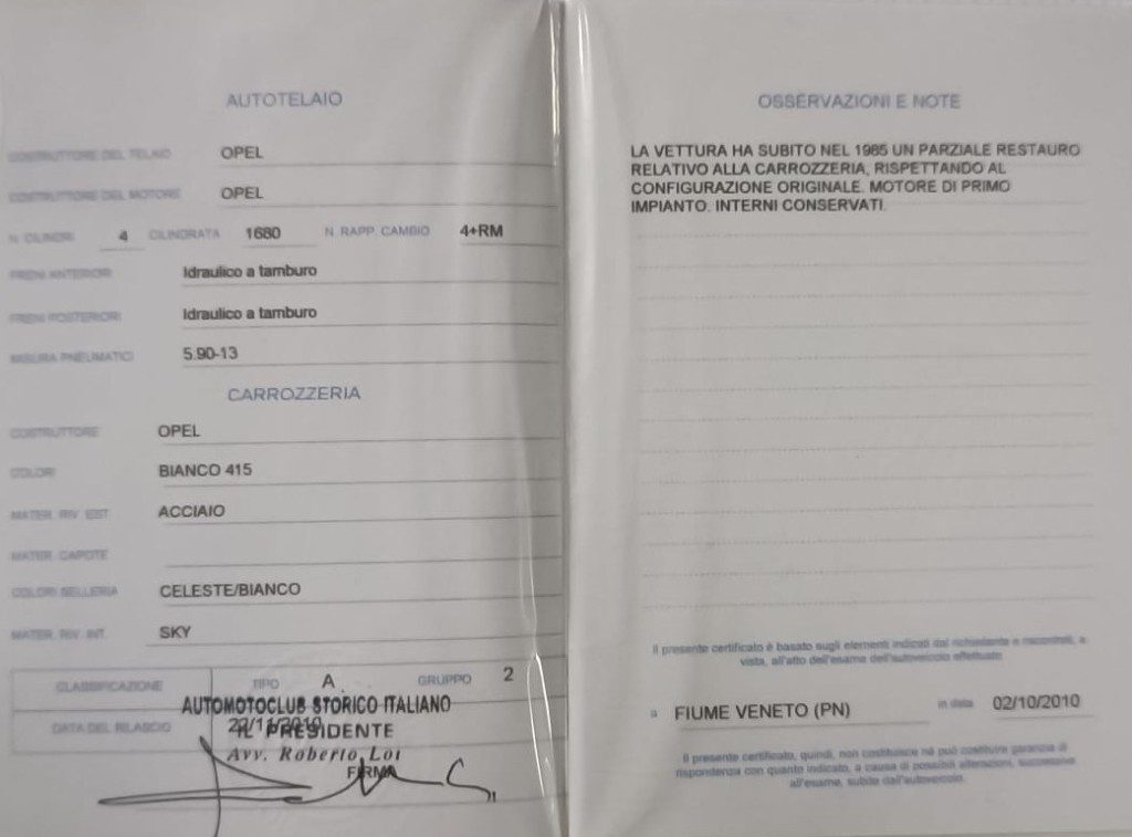 Immagine di OPEL Rekord OLYMPIA COUPE 1700 del 01/1962 km 70531