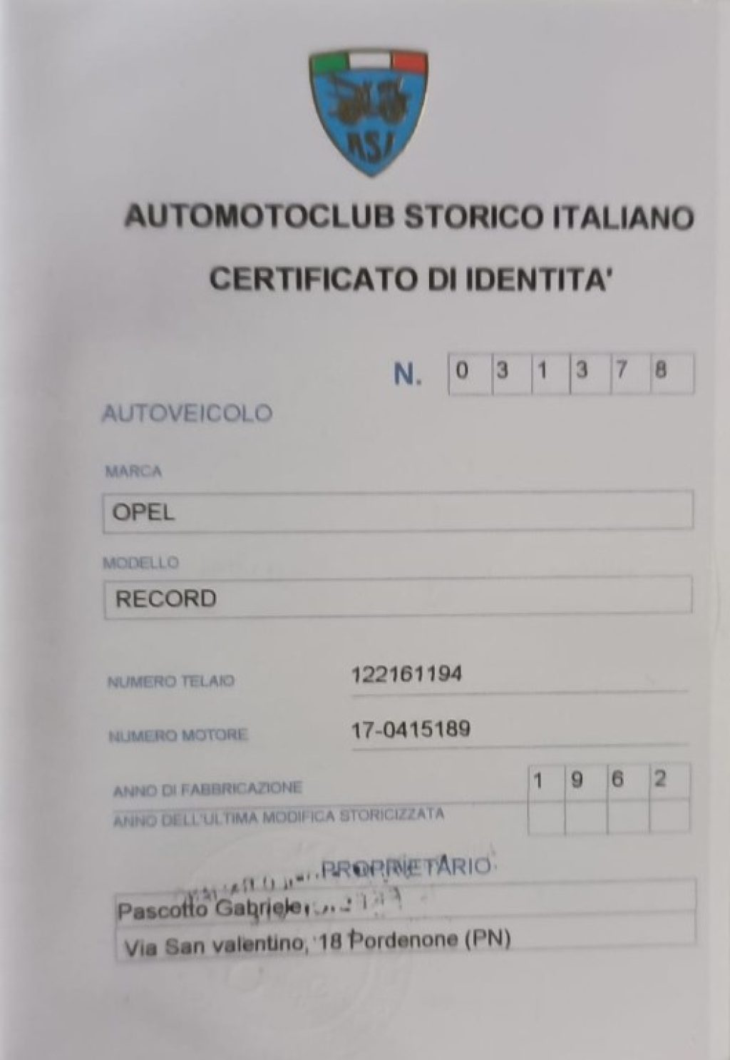 Immagine di OPEL Rekord OLYMPIA COUPE 1700 del 01/1962 km 70531