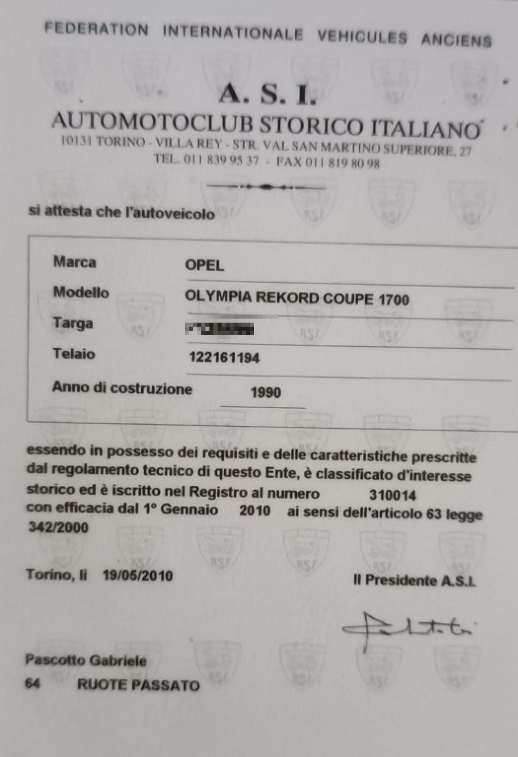 Immagine di OPEL Rekord OLYMPIA COUPE 1700 del 01/1962 km 70531