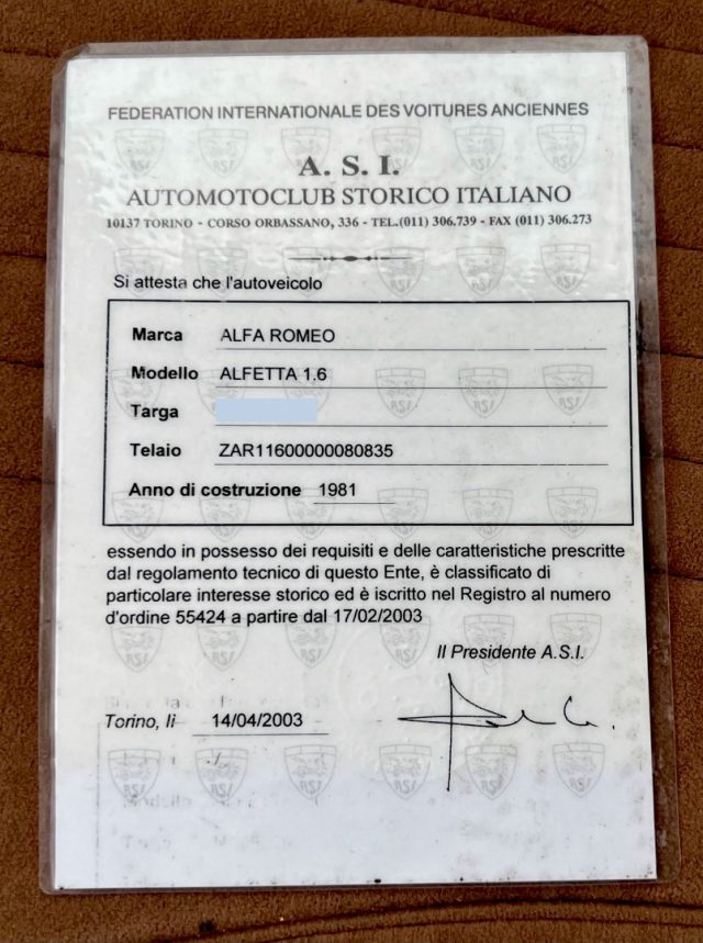 ALFA ROMEO Alfetta 1.6 iscritta ASI