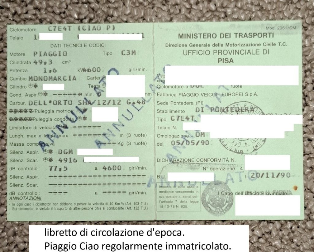 PIAGGIO Ciao 50 targato, certificato ASI, Perfetto - 7